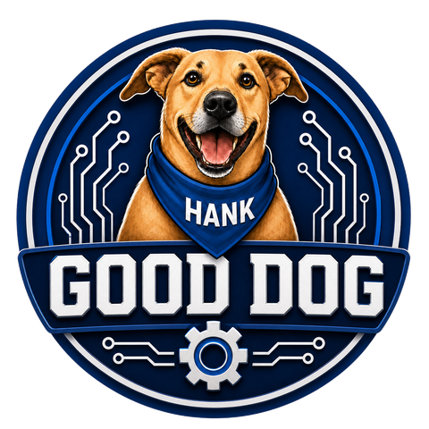 GoodDog — Hank the dog in a blue bandana